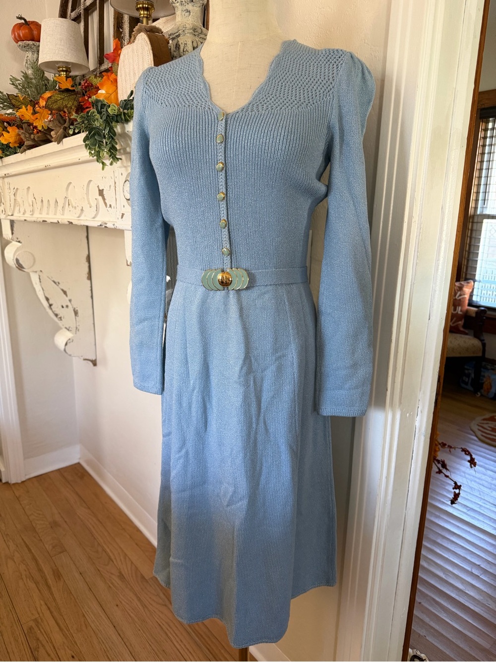 Vintage St John for Saks Fifth Avenue Powder Blue Long-Sleeve Knit Belted Dress